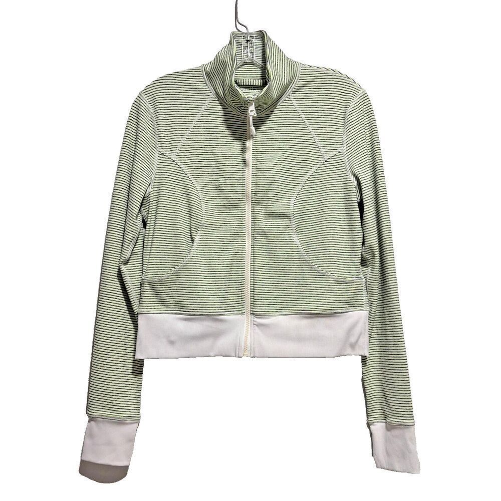 Zella Zip Up Jacket Small Green White Striped Long Sleeve‎ Mock Neck Athletic